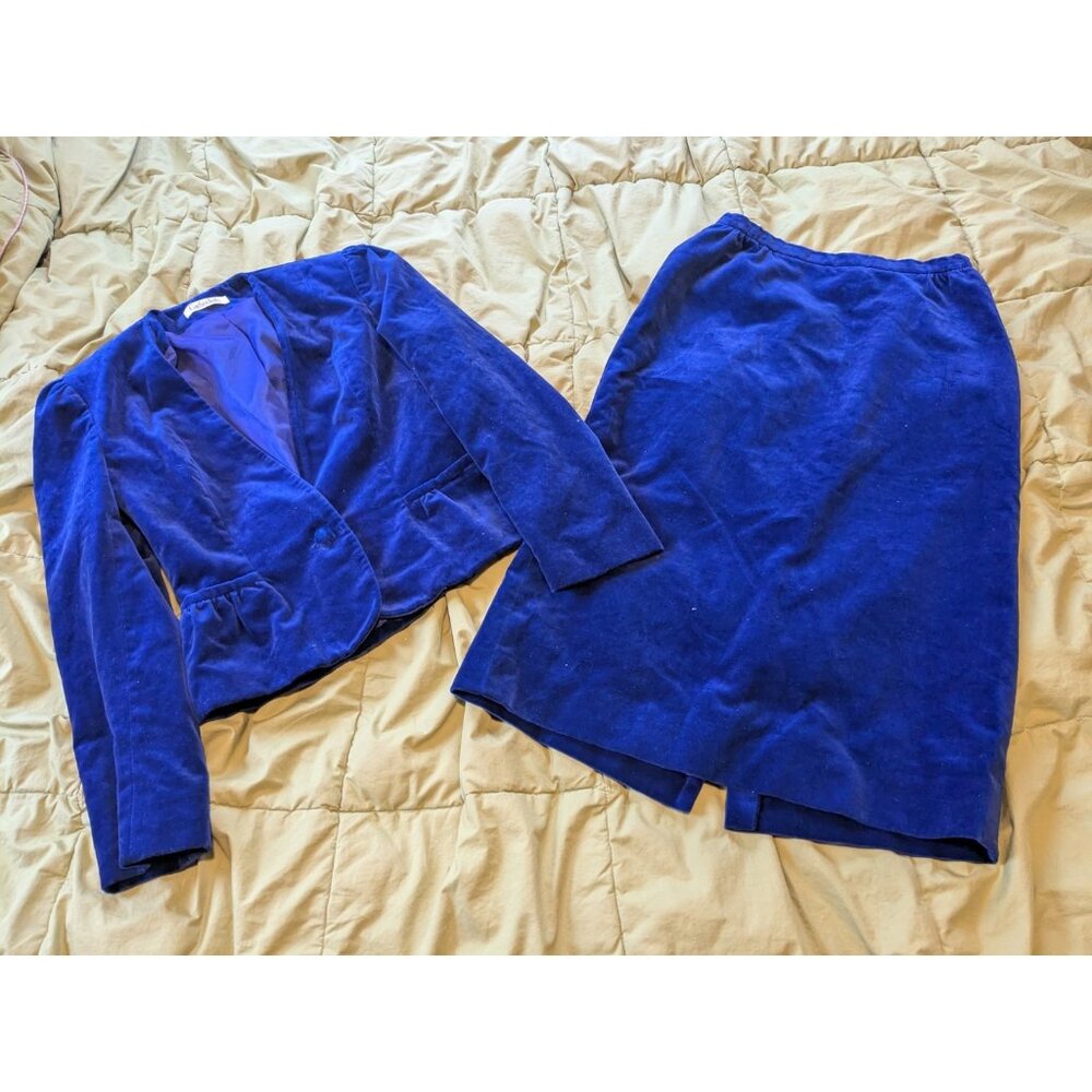 Vintage Garfinkel's Blue Velvet Skirt & Jacket Suit Womens Size 6 XS 70s 80S USA